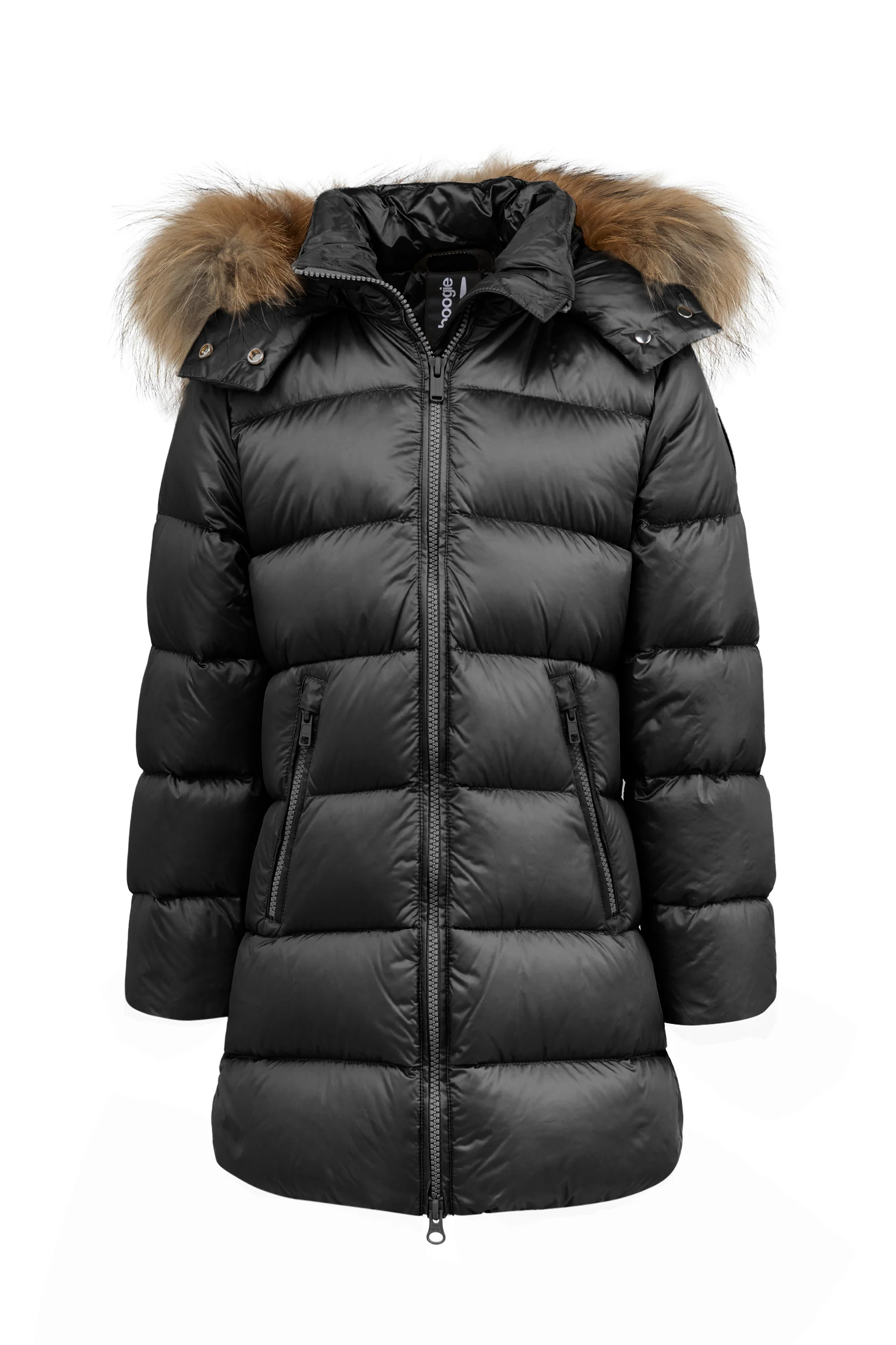 Piumino lungo da bambina slim con cappuccio staccabile e bordo pelliccia windproof